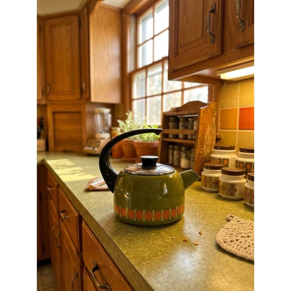 VTG 1960s enamel Teapot made in Austria Avocado Green - Orange Arching Handle